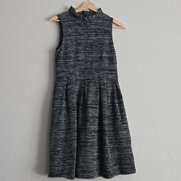 Ganni Anthropologie Pinnacle Tweed Knit Ruffle Mock Neck Fit and Flare Dress LP - Picture 3 of 11